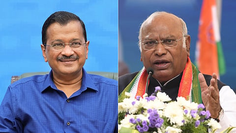 A collage of AAP National Convenor Arvind Kejriwal (L) and AICC President Mallikarjun Kharge.