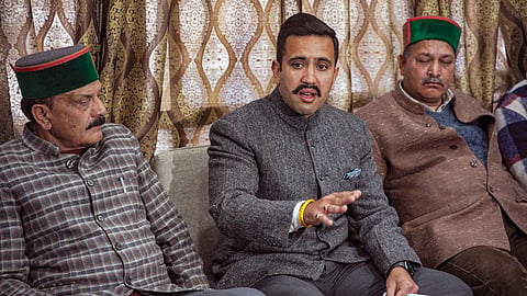 Congress MLA Vikramaditya Singh addresses a press conference, in Shimla, Wednesday, Feb. 28, 2024