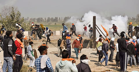 Tear gas being fired upon the protesting farmers at the Shambhu Border during the Samyukta Kisan Morcha Bharat Bandh.
