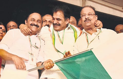 Leader of Opposition V D Satheesan, AICC general secretary (organisation) K C Venugopal and Congress state president
K Sudhakaran during an event to kick off the Samaragni Janakeeya Yatra in Kasaragod on Friday.