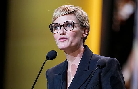 French actress Judith Godreche speaks during the 49th Cesar Award ceremony in Paris, Friday, Feb. 23, 2024.