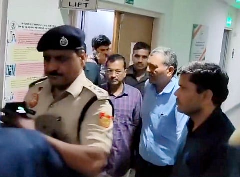 Delhi Chief Minister Arvind Kejriwal leaves the Rouse Avenue Court after the hearing, in New Delhi, Friday, March 22, 2024. Kejriwal was arrested on Thursday night by the Enforcement Directorate (ED) in the money laundering case linked to alleged irregularities in the scrapped Delhi excise policy 2021-22.