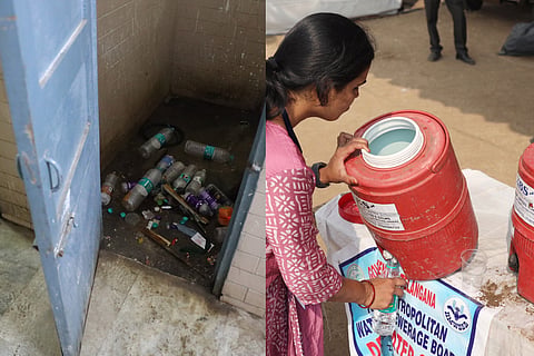 L-R: Unsanitary conditions and lack of water facilities at LB Stadium where Chief Minister A Revanth Reddy distributed appointment letters to Lecturers, Teachers, Medical & Constables, in Hyderabad.
