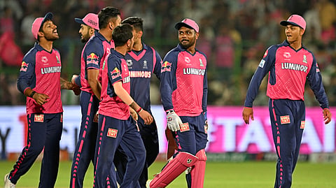 Rajasthan Royals' players celebrate after winning IPL T20 cricket match between Delhi Capitals and Rajasthan Royals at the Sawai Mansingh Stadium in Jaipur.