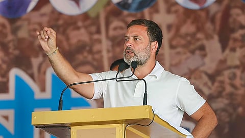 Congress leader Rahul Gandhi addresses a public meeting during the 'Bharat Jodo Nyay Yatra'.