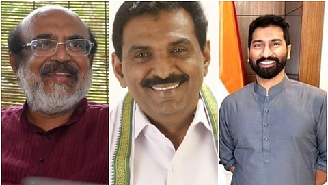 (L-R) Kerala ex-finance minister Thomas Isaac, MP Anto Antony and BJP leader Anil Antony.