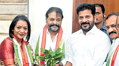 Chief Minister A Revanth Reddy welcomes Hyderabad Mayor Gadwal Vijayalaxmi and her brother Venkat Rao into the Congress fold at his residence on Saturday