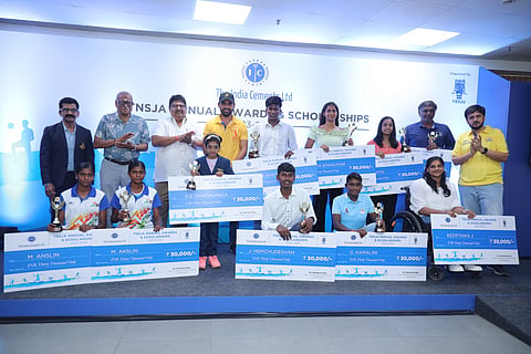 Awardees pose with the guests (from left) TNCA assistant secretary Dr R.N. Baba, CSK CEO KS Viswanathan, TNCA secretary RI Palani, CSK pacer Deepak Chahar and India Cements marketing and channel growth head Shashank Singh | Express