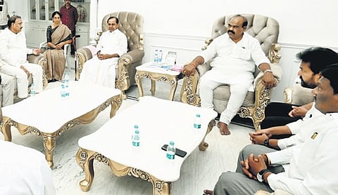 BRS chief K Chandrasekhar Rao presided over a party meeting on Chevella Lok Sabha segment, at his Nandinagar residence in Hyderabad on Monday