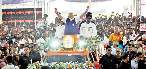 Prime Minister Narendra Modi during a BJP public meeting at Gajalnaikenpatti in Salem on Tuesday.