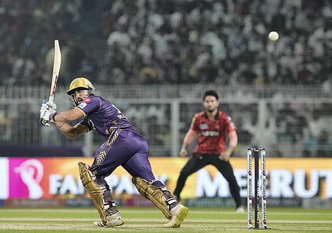 Kolkata Knight RidersÂ’ Ramandeep Singh plays a shot during the IPL 2024 T20 cricket match between KKR and SRH, at the Eden Gardens Stadium, in Kolkata, Saturday, March 23, 2024.