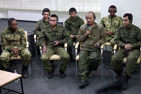 Foreign soldiers made prisoners of war (POW) after being captured by Ukraine as combattants within the Russian armed forces, take part in a press conference organised by Ukrainian officials in Kyiv, on March 15, 2024, amid the Russian invasion in Ukraine.
