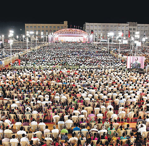 Thousands took part in the DMK meeting addressed by Chief Minister M K Stalin
at Thadangam near Dharmapuri on Friday