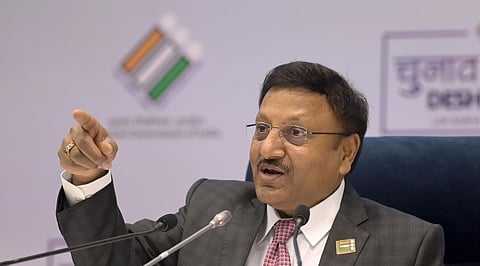 Chief Election Commissioner Rajiv Kumar during announcement of the schedule for General Elections 2024, in New Delhi on Saturday.