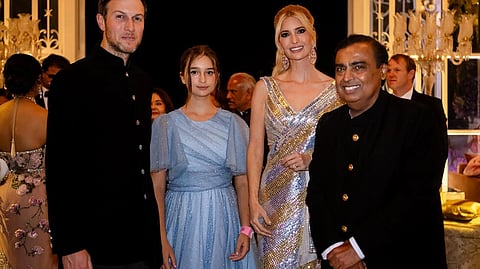 Donald Trump's daughter Ivanka (2R) and husband Jared Kushner (L) are among those attending the pre-wedding celebration hosted by billionaire Mukesh Ambani (R)