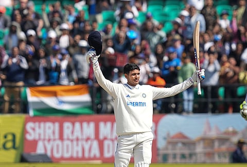 India's Shubman Gill celebrates his century during the second day of the fifth Test against England in Dharamsala (Photo | PTI)