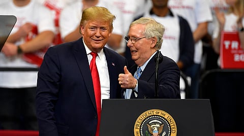 US President Donald Trump and then-Senate Majority Leader Mitch McConnell of Ky., greet each other during a campaign rally in Lexington, Ky., Nov. 4, 2019.