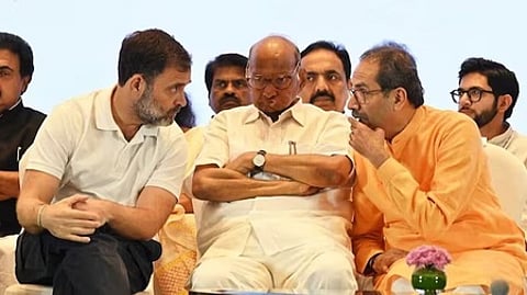 Congress leader Rahul with NCP (Sharadchandra Pawar) leader Sharad Pawar and Shiv Sena (UBT) Chief Uddhav Thackeray