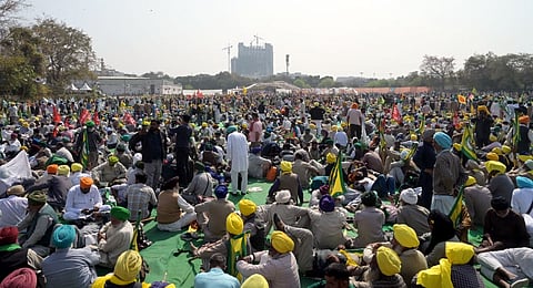 Samyukt Kisan Morcha’s Mahapanchayat at Ramlila Maidan in New Delhi on Thursday.