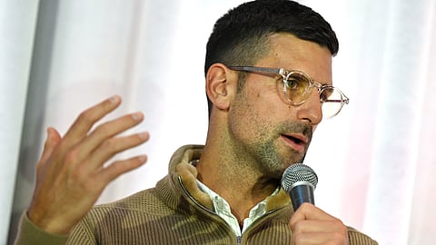 Serbian tennis player Novak Djokovic speaks to the media after the screening of a documentary about Croatian tennis legend Niki Pilic, former tennis player and former trainer of Novak Djokovic, in Belgrade on March 28, 2024.