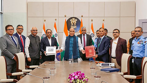 Union Minister for Defence Rajnath Singh at the signing of five major capital acquisition contracts worth Rs 39,125.39 crore, in New Delhi, Friday, March 1, 2024.