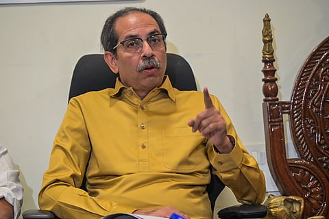 Shiv Sena (UBT) chief Uddhav Thackeray addresses a press conference in Mumbai.