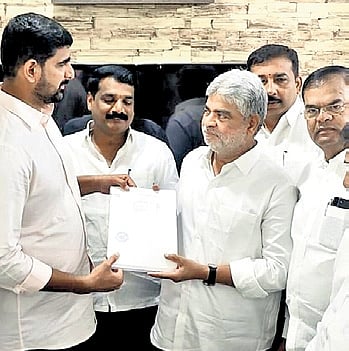 BRS MLAs hand over a petition to Assembly Speaker Gaddam Prasad, seeking disqualification of
Khairatabad MLA Danam Nagender