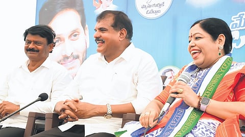 Education Minister Botcha Satyanarayana & Vizag Lok Sabha candidate Botcha Jhansi Lakshmi at a press conference in the city on Sunday