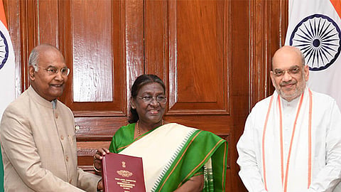 Ex-President Ramnath Kovind submitting the One Nation One Election committee report to President Murmu. Home Minister Amit Shah can also be seen.