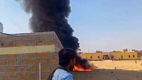 A Tejas aircraft of the Indian Air Force (IAF) in flames after it crashed during an operational training sortie, near Jaisalmer.