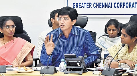 District Election Officer J Radhakrishnan speaking at a meeting held at Ripon Building on Monday