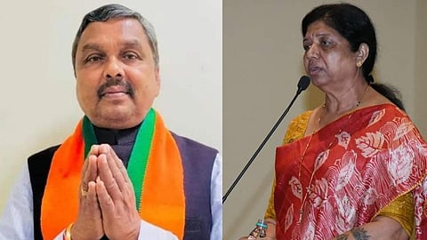 (L-R) BJP candidate from Sabarkantha, Gujarat - Bhikaji Thakor, Lok Sabha member from Vadodara Ranjan Bhatt.