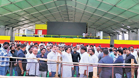 The venue of Praja Galam public meeting of the TDP-JSP-BJP alliance at Boppudi near Chilakaluripet in Palnadu district