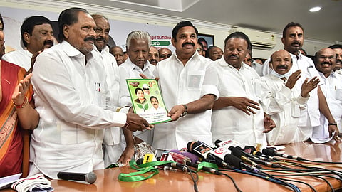 AIADMK General Secretary EPS and other leaders release the manifesto for the Lok Sabha elections at party headquarters.