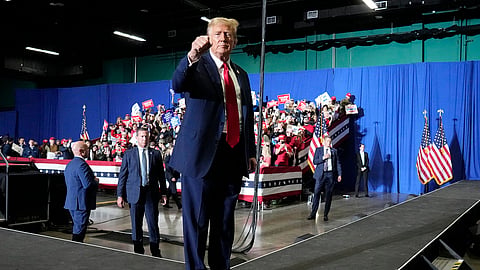 Republican presidential candidate former President Donald Trump gestures at a campaign rally Saturday, March 2, 2024, in Greensboro, N.C.