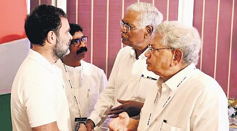 Congress leader Rahul Gandhi with CPM general secretary Sitaram Yechury and CPI general secretary D Raja