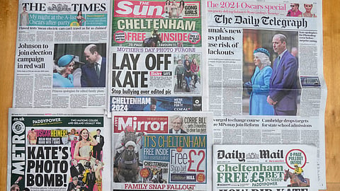A montage of some of the front pages of Britain's newspapers, in London, Tuesday, March 12, 2024.