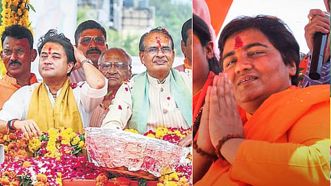 (L) Union Aviation Minister Jyotiraditya Scindia with former MP Chief Minister Shivraj Singh Chouhan; (R) Bhopal MP and terror-accused Pragya Singh Thakur.