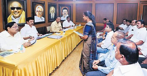 CM MK Stalin and DMK leaders during the interview in Chennai on Sunday.