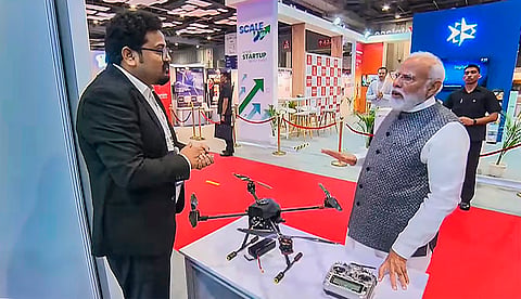 Prime Minister Narendra Modi visits a stall during the inauguration of Start-up Mahakumbh at the Bharat Mandapam, in New Delhi, Wednesday, March 20, 2024.