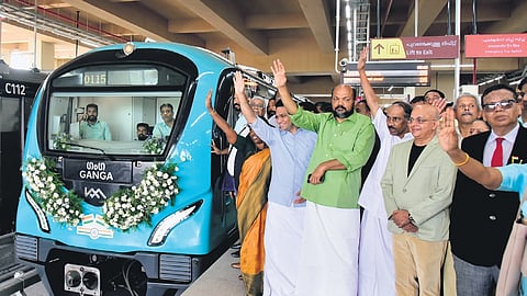 Industries Minister P Rajeeve, MP Hibi Eden and MLA K Babu at the newly inaugurated Tripunithura terminal station