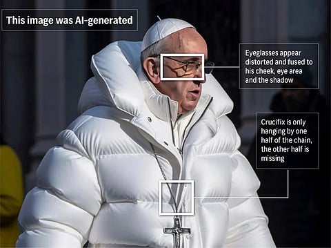 An AI generated image of pope wearing a luxury white puffer jacket.