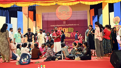 Participants of thiruvathira competition staging a protest at the venue of the youth festival alleging rigging of the result.