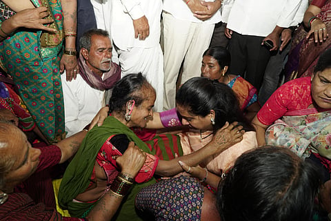 BRS MLC K Kavitha consoled family members of H Venkat in their house in Thipparam village in Yallareddy Assembly constituency on Tuesday.