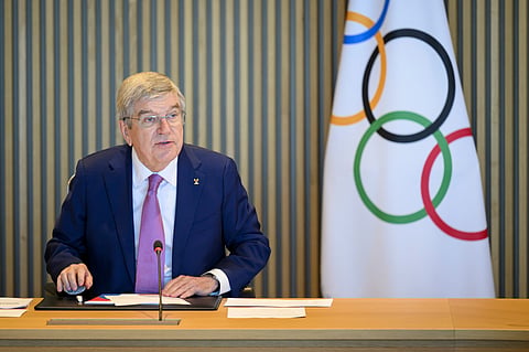 International Olympic Committee (IOC) President Thomas Bach speaks at the opening of the executive board meeting of the International Olympic Committee (IOC), at the Olympic House, in Lausanne, Switzerland, Tuesday, March 19, 2024.