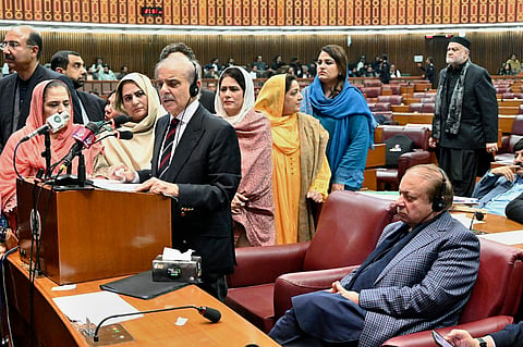 Pakistan's newly elected Prime Minister Shehbaz Sharif, fourth left, delivers his speech following his appointment, at a parliament session, in Islamabad, Pakistan, Sunday, March 3, 2024.