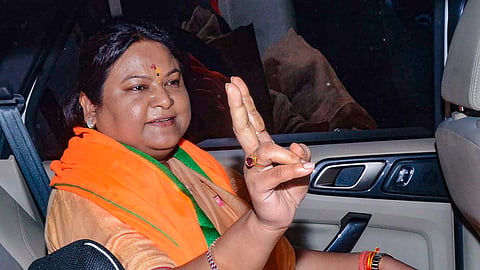 Former Jharkhand Mukti Morcha (JMM) legislator Sita Soren, the sister-in-law of Hemant Soren, being welcomed by supporters on her arrival at Birsa Munda Airport, in Ranchi, Thursday, March 28, 2024.