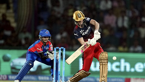 RCB batter Ellyse Perry plays a shot during the WPL-T20 final cricket match between Delhi Capitals and Royal Challengers Bangalore at the Arun Jaitley Stadium, in New Delhi, Sunday, March 17, 2024.