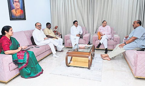TDP State chief K Atchannaidu along with JSP PAC chairman N Manohar and a few BJP leaders at BJP State chief D Purandeswari’s residence on Wednesday