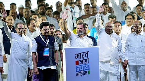 Congress leader Rahul Gandhi with party President Mallikarjun Kharge, Shiv Sena (UBT) leader Uddhav Thackeray, Tamil Nadu CM M K Stalin and NCP chief Sharad Pawar during a rally at the conclusion of the Bharat Jodo Nyay Yatra, in Mumbai, Sunday, March 17, 2024